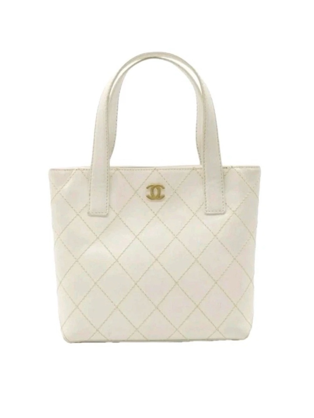 🔥 🔥100% Authentic Chanel Bag CC Logo Wild Stitch Tote White Leather Vintage🔥🔥
